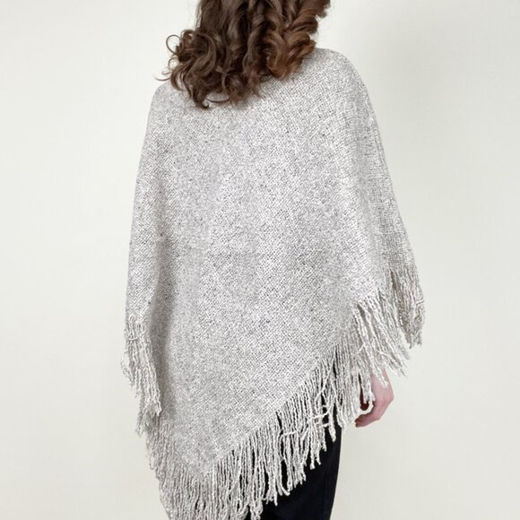 Vintage Wool Cotton Woven Knit Fringe Poncho Western Boho Hippie Sweater Shawl - Picture 3 of 6